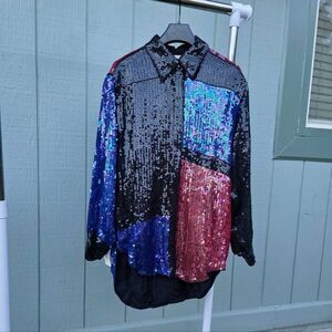 80s I Magnin VCI Designs Sequined Colorblock Vintage Long Sleeve Shirt. Small